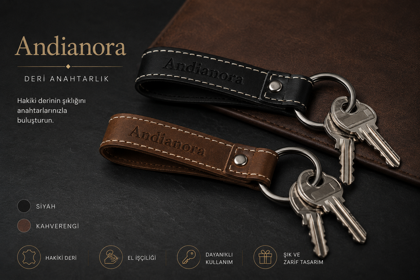 Andianora™ Kişiye Özel Hakiki Deri El Yapımı Premium Anahtarlık